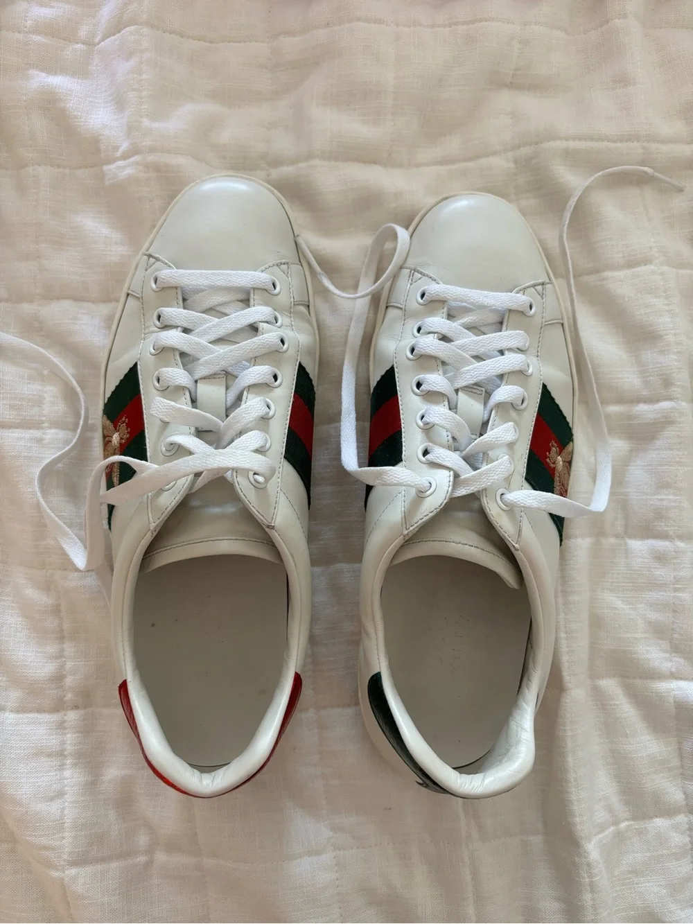 Gucci White Leather Sneakers with Green and Red Web & Gold Bee